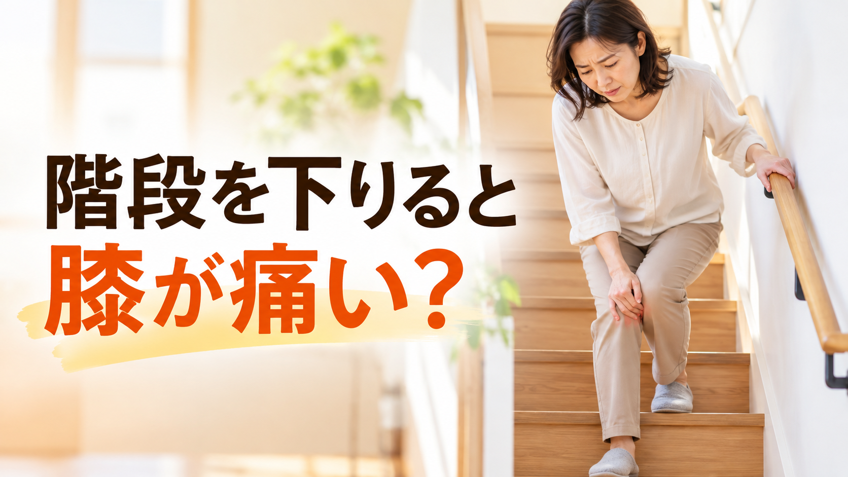 階段を下りると膝が痛む原因を解説する図解。階段下降時の膝への負担、大腿四頭筋の働き、自宅でできる対策を紹介。